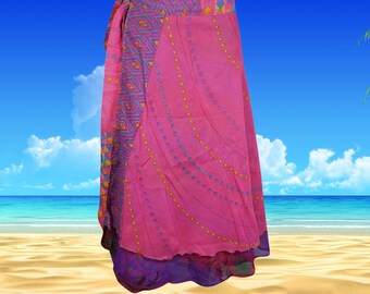 Womens Short Wrap Skirt, Pink Sari Skirt, Beach Skirt, Reversible 2 Layer Skirts, Wrap Skirts One Size