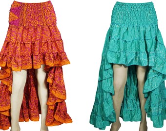 Bright Color High-Low Maxi Skirt 2pc Recycled Vintage Sari Gypsy Ruffle Flirty Flare Summer Skirts S/M