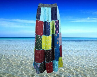 Long Patchwork Skirt for Women, Tiered Flared Gypsy Boho Maxi Retro Floral Hippie Elasticated Waist Summer Skirts S/M/L