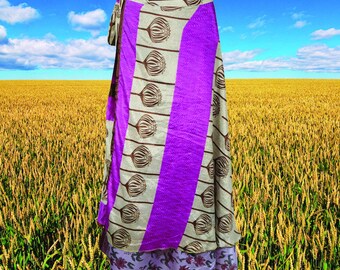Womens Magic Maxi Wrap Skirt, Floral Double Layers Purple Wrap Skirts, Recycled Sari Wrap Skirt, Handmade, Gift, One size