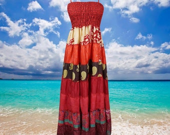 Womens Maxi Dress, Strap Dresses, Red Flared Sleeveless Dress, Summer Gorgeous Soft Recycle Sari Boho Beach Long Dresses SM