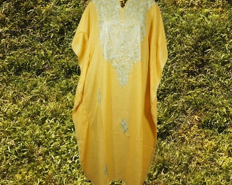 Women's Kaftan Maxi Dress, Amber Yellow, Boho Maxi Dresses, Beach Maxi, Cotton, Embroidered, Summer, Resort Caftans, Oversized L-2XL