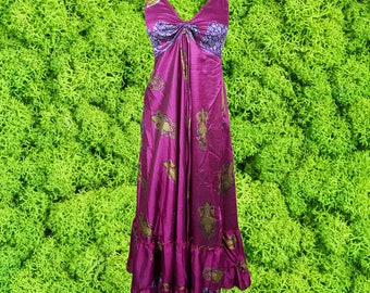 Womens Strap Boho Beach Maxi Dress, Summer Maxi Dress, Halter Dresses, Purple Printed Swing Recycle Silk Handmade Dresses S/M