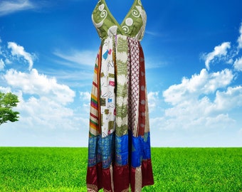 Womens Recycle Silk Strap Dresses,  Fall Maxi Dress, Beach Maxidress, Recycle Silk Swing Dresses, Gift ML