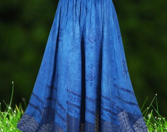 Ink Blue Renaissance Long Skirt with Embroidery, Boho Maxi Skirts, Sheer Lace Hem, Handmade Ren Faire Skirts S/M/L