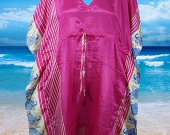Women Pink Kaftan Spring dress, Peacock Print, Vacation, Cruise, Pool, Resort Wear, Silk Caftan, Party Wear, Boho Kaftan, L-2X