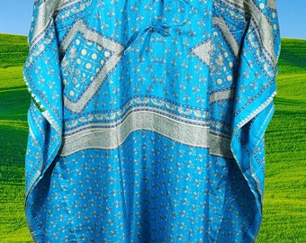 Womens Kaftan Maxi Dress, Blue Printed Dresses, Oversize, Coverup, Recycle Silk Lightweight Kaftan Dress L-2XL One size