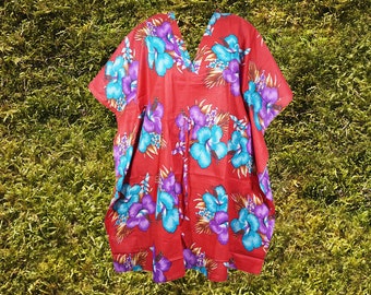 Cotton Short Kaftan, House Dress, Muumuu, Kimono Caftan, Red Floral Beach Caftan Dresses, Cover Up, Fall Boho Dress, Travel Kimono, S/M