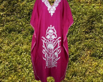 Womens Loose Kaftan Maxi Dresses, Magenta Pink Luxury Cotton Hand Embroidered Caftan Dress, kaftan abaya long Dress L-2XL One Size