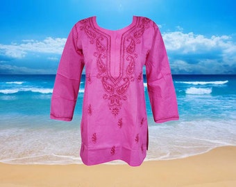 Pink Cotton Tunic, Embroidered Kurti Cotton Top, Casual Cotton Blouse, Tunic Top,  Summer Tunic Top, Beach Travel Wear M