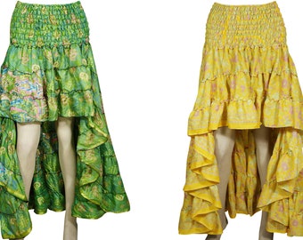 Flow High-Low Maxi Skirt 2pc Recycled Vintage Sari Gypsy Fashion Ruffle Flirty Flare Summer Skirts S/M