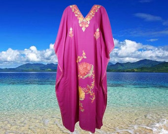 Womens Caftan Maxi dress, Beach Cover Up, Housedress, Embellished Kaftan dress, Cotton Pink Lounger, Resort Wear L-3XL