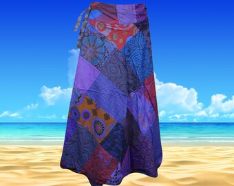 Womens Wrap Around Skirts, Midi Vintage  Boho Blue Retro Hippy Gypsy Skirts Patchwork Skirt, Gift One size