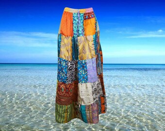 Womens Maxi Patchwork Skirt, Recycle Silk Cornfields Hippie Patchwork Skirts, Boho Upcycled Silk Handmade, Vintage Style, Long Skirt S/M/L