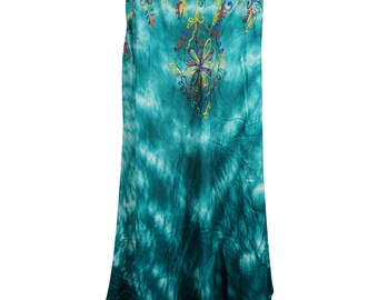 Teal Green Sleeveless Strappy Dress Tie Dye Summer Fashion Gypsy Hippie Chic Beach Wear Sundress S/M