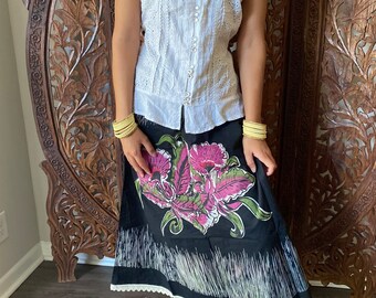 Women's Boho Skirt, Black Rose Boho Skirt, White Embroidered Button Down Blouse Summer Tunic Top, 2pcs SM