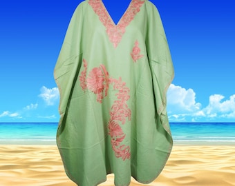 Womens Floral Loose Comfy Kaftan Dress, Faded Green Pink Hand Embroidered Resort wear, Cotton Midi Dresses, Loose Kaftans L-4XL