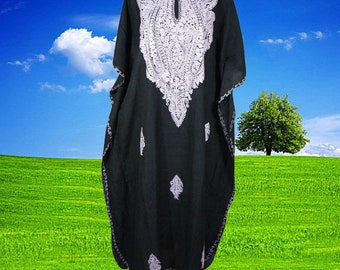 Womens Caftan Dress, Handmade Black Floral Embroidered Kimono Dress, Cover Up Abaya Loose Stylish Maxi Kaftan Dresses One size ,L-2XL