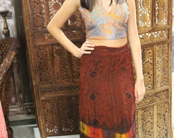 Womens Boho Wrap Skirt, Rust Tiedye maxi Skirt, Sari hALTER top , Bohemian Maxi Skirt SM