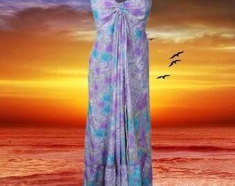 Womens Summer Maxi Dress, Halter Dresses, Lavender Summer Flare Swing Boho Beach Maxi Dress, Strap Dress, Recycle Sari Handmade Dresses S/M