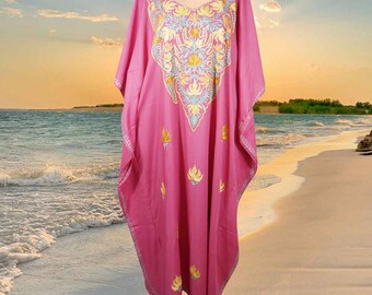 Womens Caftan Maxi Dress, Pink Floral Embroidered Kimono Dress, Handmade Gift Cover Up, Oversize  Maxi Kaftan Dresses One size ,L-3XL