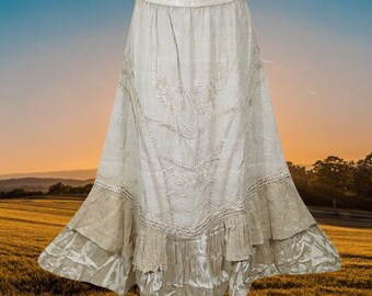 Beige Long Maxi Skirt, Swing Hemline with Embroidery, Western Skirts, Handmade, Hippe Faire Skirts M/L