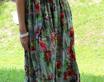 Womens Maxi Skirt, Floral Printed Flared Long Skirt, Gray Green Bohemian Tiered Gypsy Skirts ML