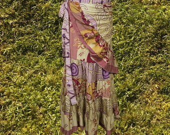 Womens Silk Sari Ruffle Wrap Skirt, Beige Purple Tiered Maxi Skirt, Handmade Belly Dance Beach Party Long Skirts One size