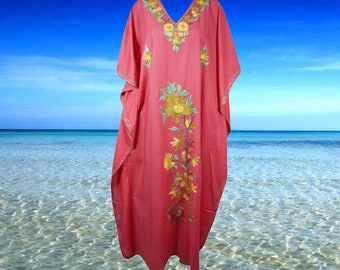Women's Kaftan Maxi Dress, Pink Boho Summer Maxi Dress, Beach holidays, Lounger, Cotton Embroidered Caftans, Oversize L-3XL One Size