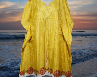 Womens Midi Caftan Dress, Yellow Oversized dresses, Beach Kaftan, Resort Wear, Recycle Silk Dresses, Handmade BOHEMIAN Clothing L-XL
