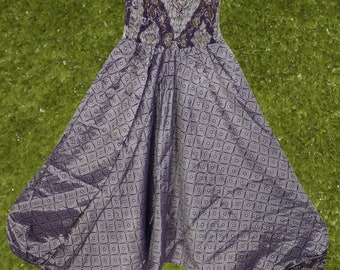 Women Harem Pants, Gray Floral Print Hippie Pant, Boho Aladdin Pant, Smock Waist Sari Pants S/M/L