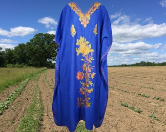 Women's Kaftan Maxi Dress, Cotton Embroidered Handmade Caftans, Blue Beach holidays, Lounger, Oversize L-2XL One Size