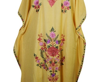 Bohemian Womens Yellow Caftan Maxi Dress Floral Embroidered Stylish Kimono Kaftan Evening Dresses 2XL