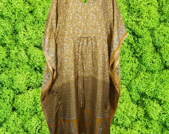 Women Boho Beach Kaftan, Granola, Golden , Caftan, Floral Silk Kaftan, housedress, Beach Coverup, Summer Caftan, Resort, Cruise Caftan L-2X