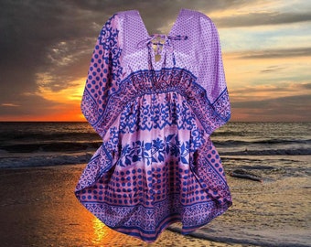 Womens Summer Caftan Recycle Sari Dresses Purple,Blue Printed KaftanM-XL One Size