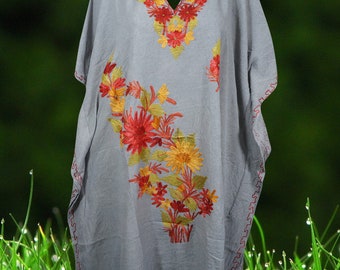 Women's Gray Muumuu Caftan Short Dress, Cotton Embroidered Kimono Dresses Floral Caftan Party Wear Crepe Boho Kaftan, L-2X