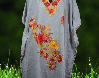 Women's Gray Muumuu Caftan Short Dress, Cotton Embroidered Kimono Dresses Floral Caftan Party Wear Crepe Boho Kaftan, L-2X