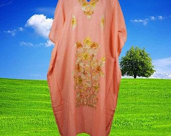 Womens Embroidered Maxi Kaftan Dress, Coral Peach Floral Boho Caftan Maxi Dress, Travel Maxi Dress, Oversize Dress, Gift One Size L-2XL