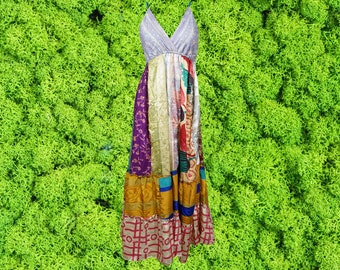 Womens Strap Recycle Silk Maxi Dress, Purple Beach Maxi Dress, Flowy Dresses, Recycle Silk Handmade Dresses S/M