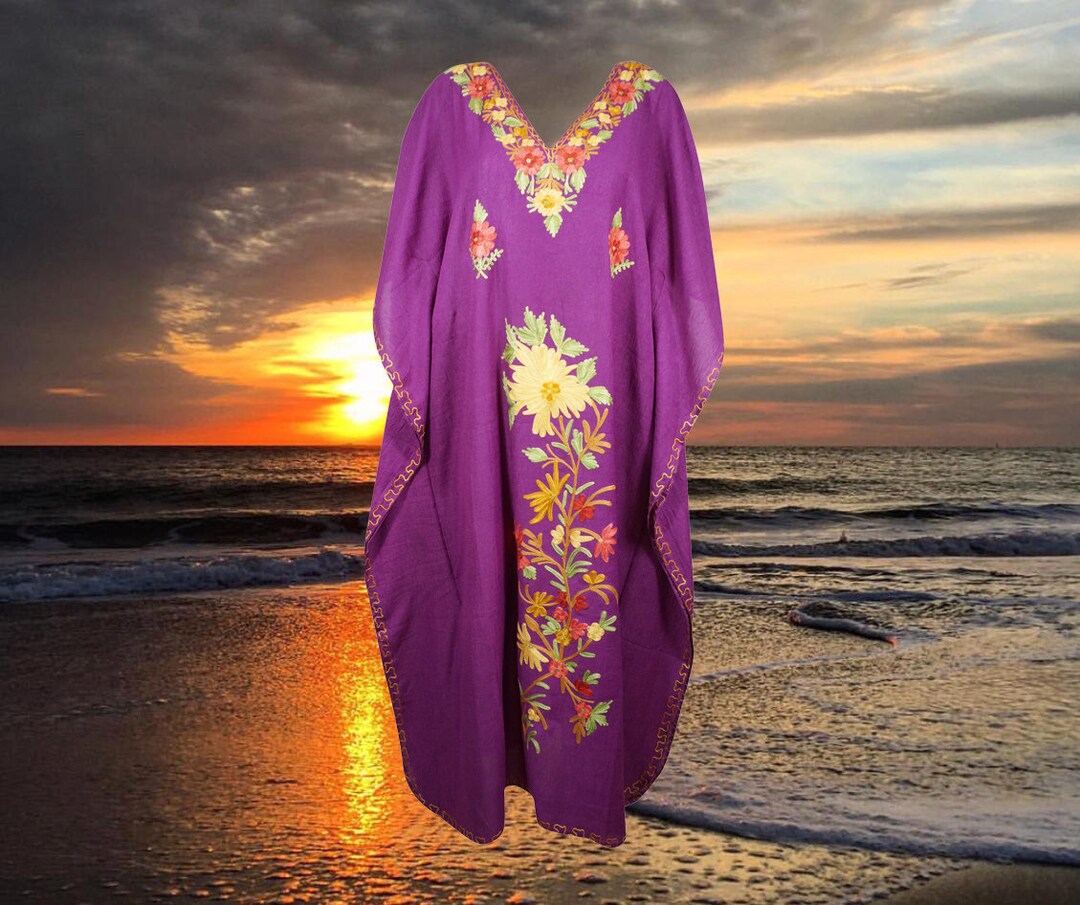 Women's Kaftan Maxi Dress, Purple Beach Maxi Holidays Dresses, Lounger, Cotton Embroidered