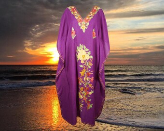 Women's Kaftan Maxi Dress, Purple Beach Maxi holidays Dresses, Lounger, Cotton Embroidered Handmade Caftans, Oversize L-2XL One Size