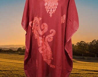 Womens Candy Red Caftan Dress, Embroidered, Butterfly Sleeves, Kaftan Short Dress Floral Caftan Party Wear  Crepe Boho Kaftan, L-2X