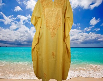 Womens Kaftan Maxidress, Dandelion Yellow Travel Maxi Dresses, Embroidered Caftan Dress, Loose Flowy Dressy Caftan Dress One Size L-2XL