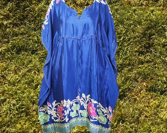Womens Travel Kaftan, Midi Caftan Dress, Ocean Blue Foral Kaftan, Recycle Silk Caftan Dress, Gifts SML