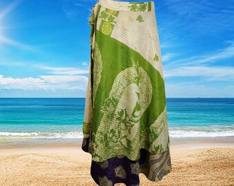 Women Wrap Skirt, Indian Vintage Double Layer Silk Skirt, Olive Green Floral Wrap around Skirt, Magic Wrap Skirt One size