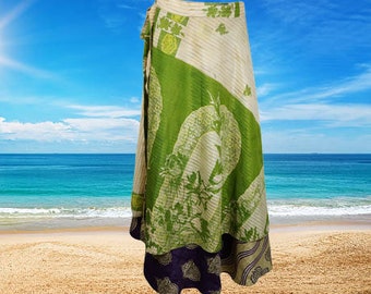 Women Wrap Skirt, Indian Vintage Double Layer Silk Skirt, Olive Green Floral Wrap around Skirt, Magic Wrap Skirt One size