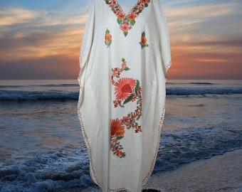 Womens Kaftan Maxidress, Travel Maxi Dresses, Snow White Embroidered Caftan Dresses, Loose Flowy Dressy Caftan Dress One Size L-2XL