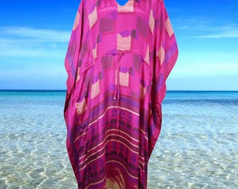 Boho Maxi Kaftan, Hot Pink  Floral Caftan, Palm Fonds Kaftan, Housedress, Beach Coverup, Summer Boho Caftan, Resort, Cruise Caftan L-2X