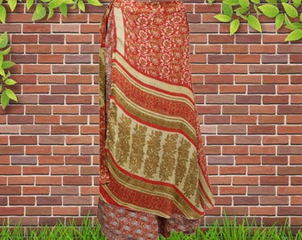 Womens Maxi Wraparound Skirt, Recycled Sari Wrap Skirt, Red Beige Paisley Print Layers Wrap Skirts, Travel Fashion, gift One size