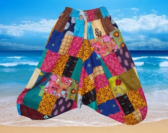 Colorful Aladdin Pants, Boho Hippie Harem Pants Patchwork Cotton Baggy Pants High Waist Loose Lounge Genie Pant S/M/L